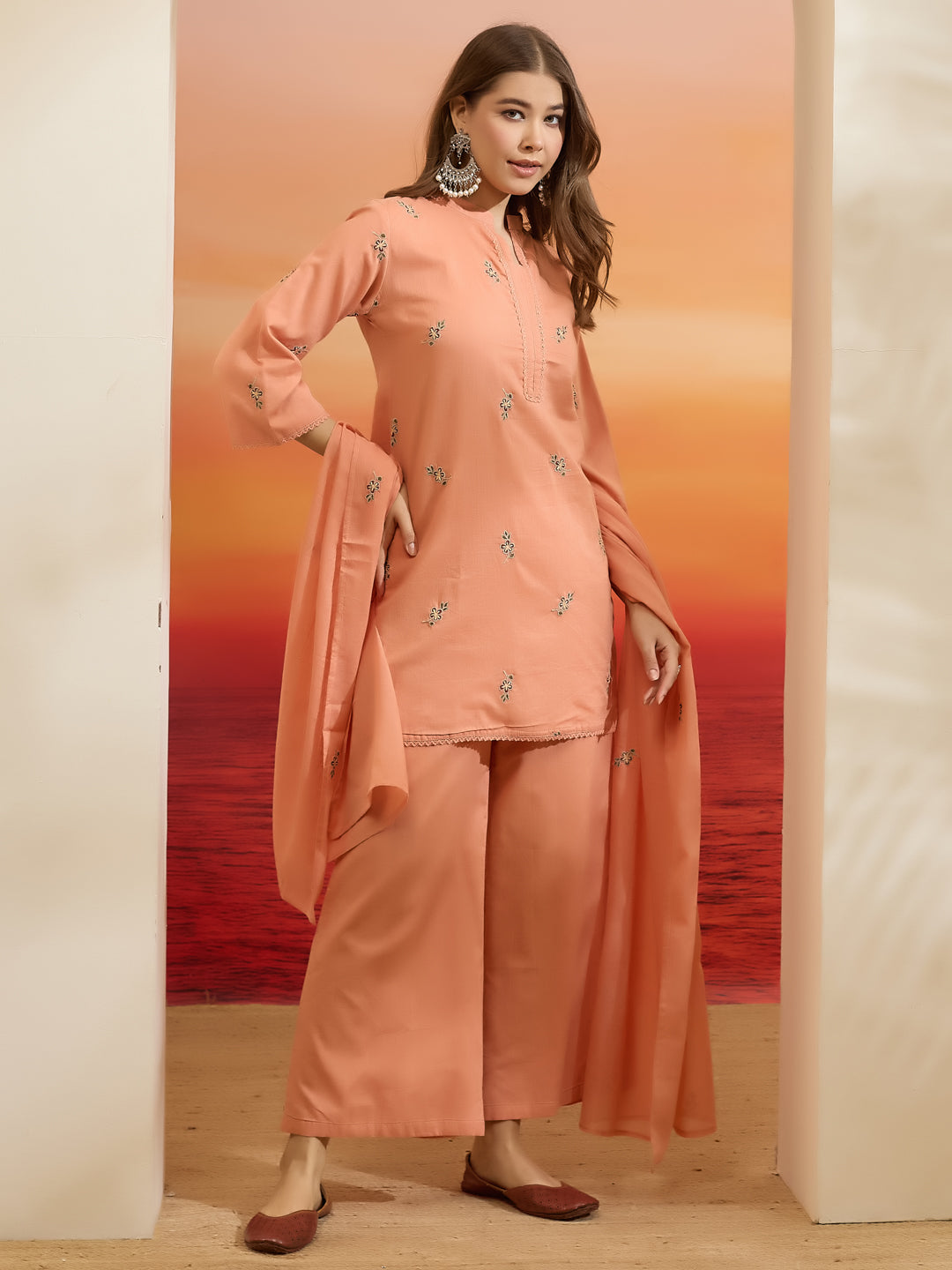 Divena Embroidered Cotton Orange Straight Fit  Kurta Sets