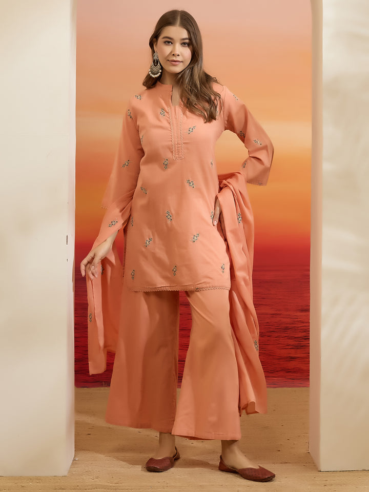 Divena Embroidered Cotton Orange Straight Fit  Kurta Sets