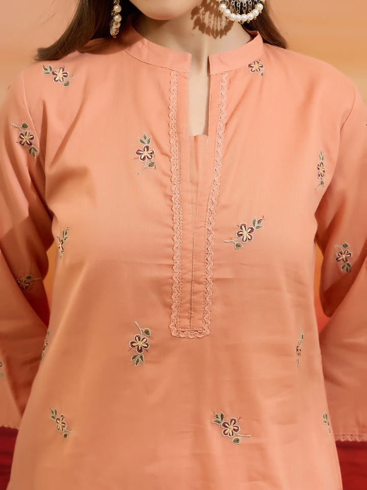 Divena Embroidered Cotton Orange Straight Fit  Kurta Sets
