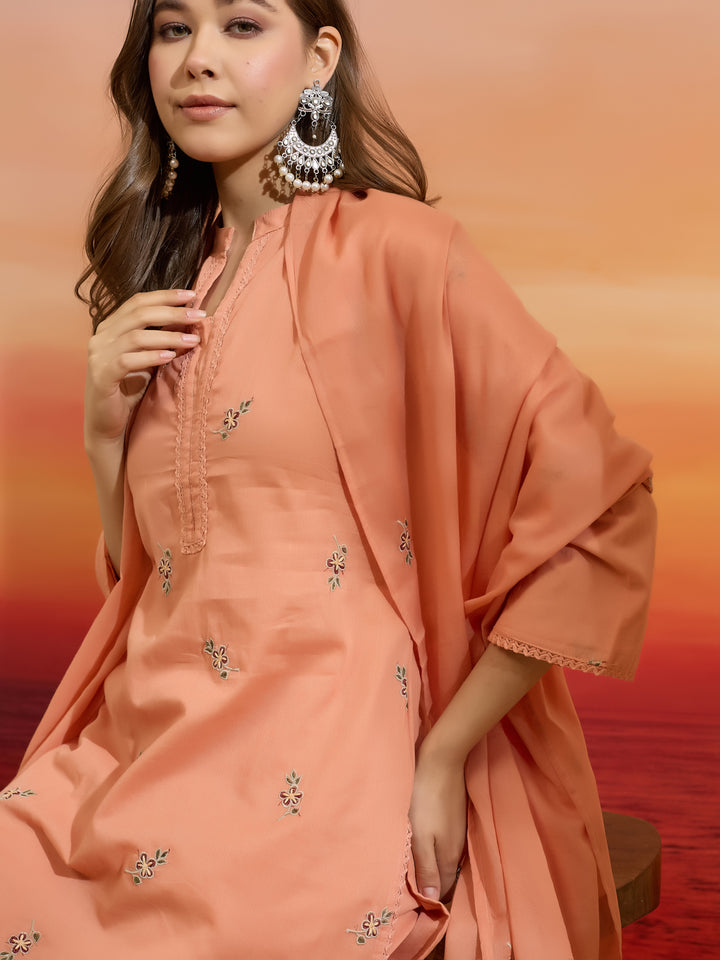 Divena Embroidered Cotton Orange Straight Fit  Kurta Sets