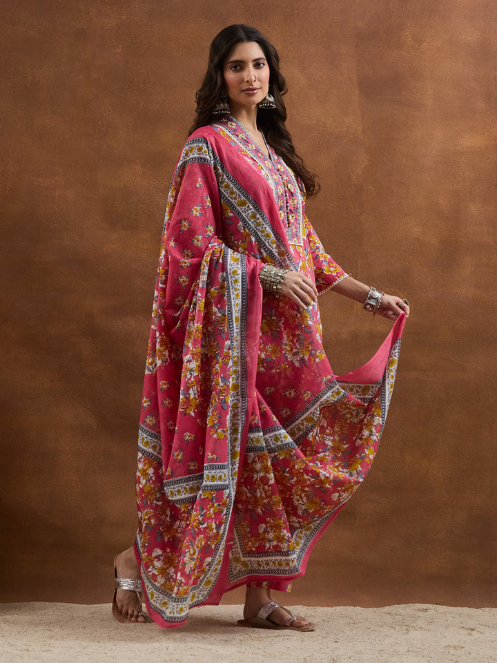 Divena Cotton Floral Printed Pink Kurta Sets