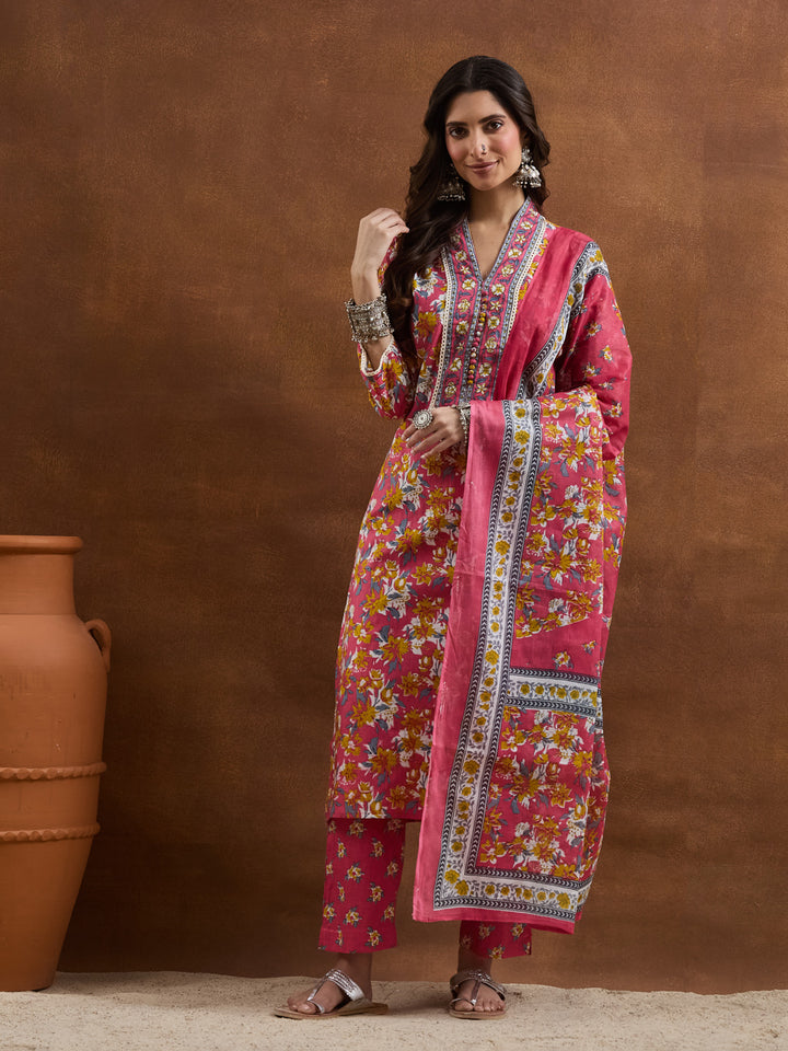 Divena Cotton Floral Printed Pink Kurta Sets