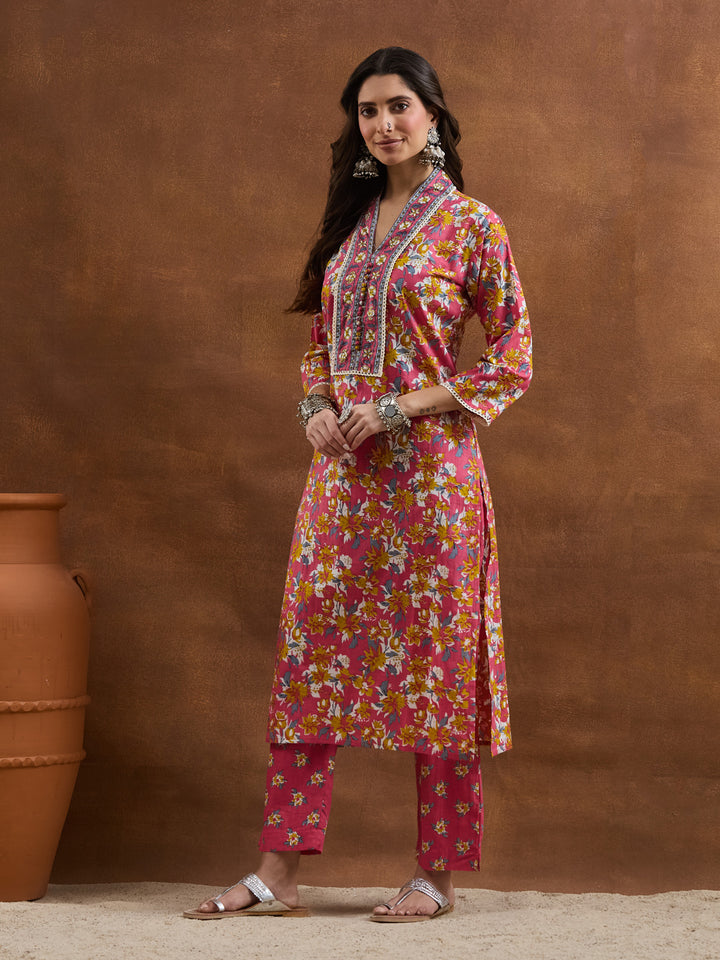 Divena Cotton Floral Printed Pink Kurta Sets