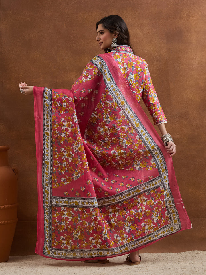 Divena Cotton Floral Printed Pink Kurta Sets