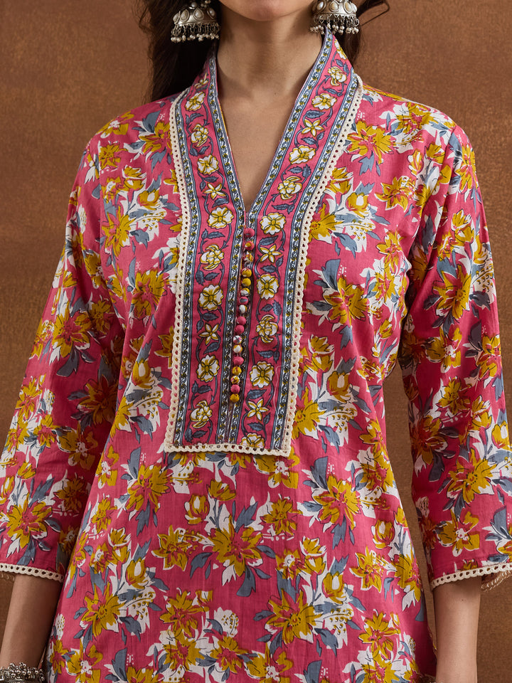 Divena Cotton Floral Printed Pink Kurta Sets