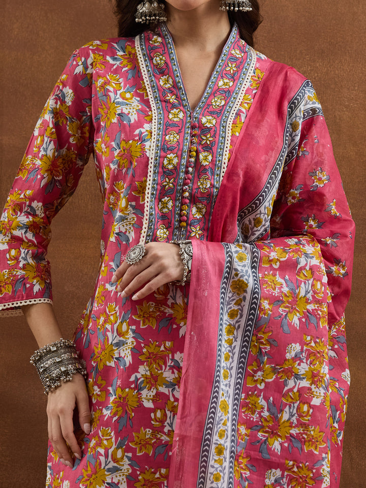 Divena Cotton Floral Printed Pink Kurta Sets