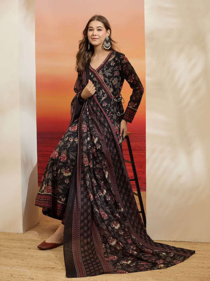Divena Floral Printed Cotton Black  Anakali Kurta Set