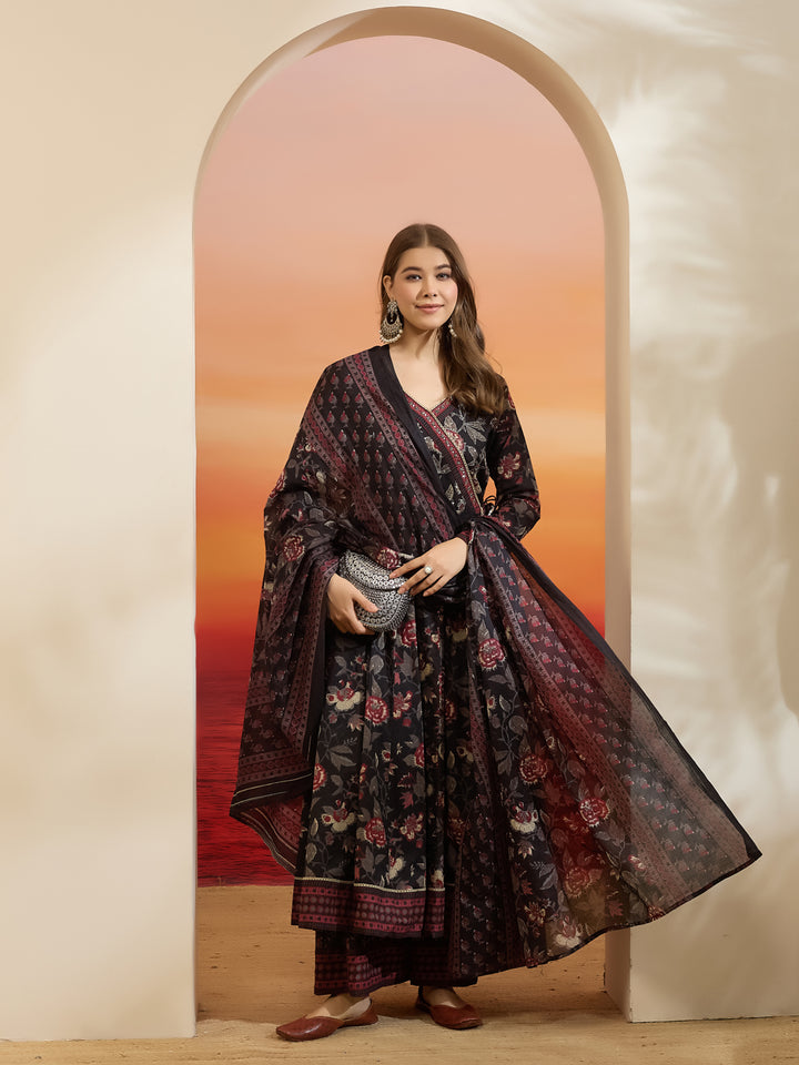 Divena Floral Printed Cotton Black  Anakali Kurta Set