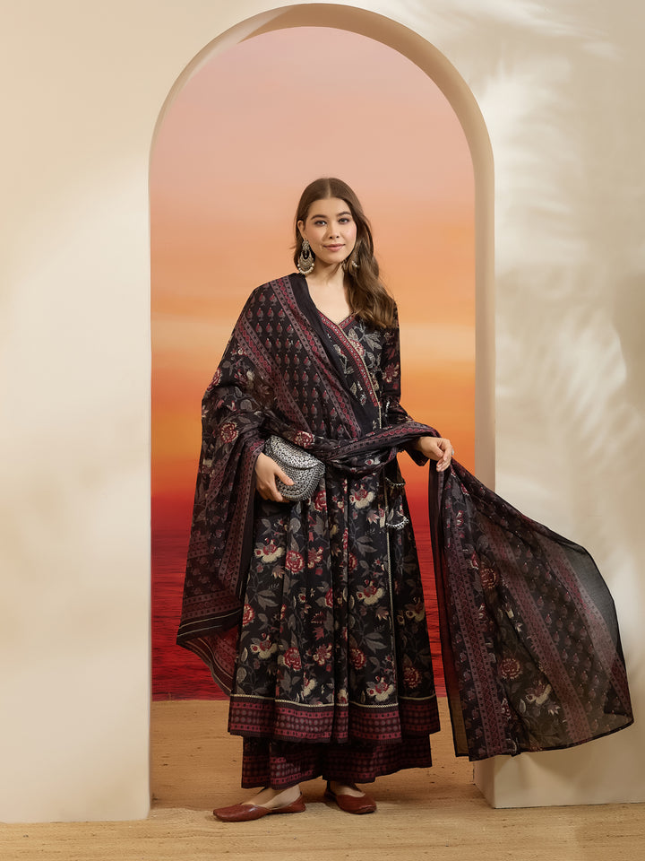 Divena Floral Printed Cotton Black  Anakali Kurta Set