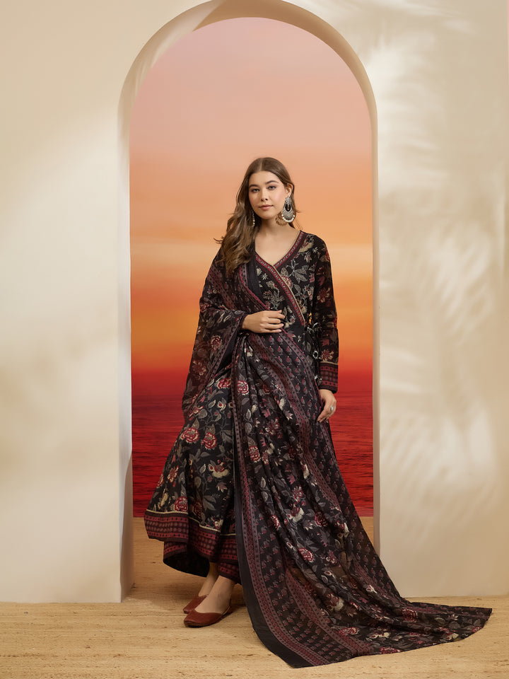 Divena Floral Printed Cotton Black  Anakali Kurta Set