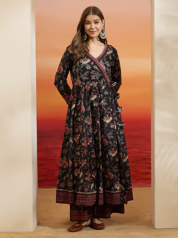 Divena Floral Printed Cotton Black  Anakali Kurta Set