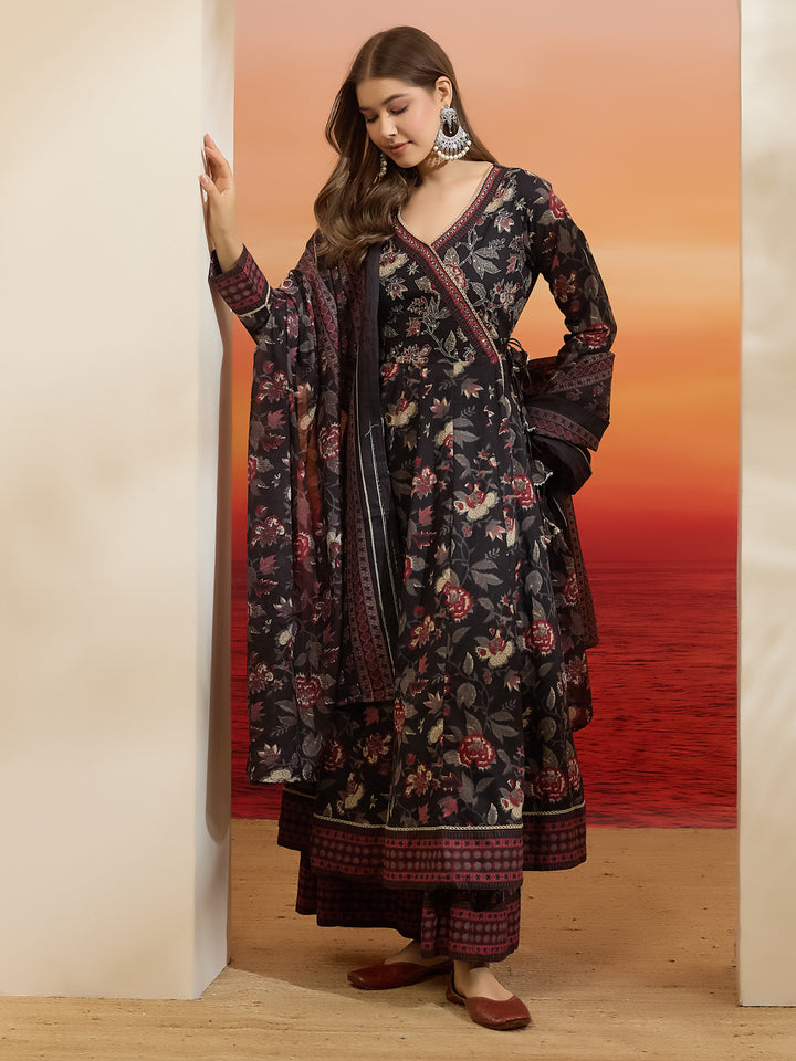 Divena Floral Printed Cotton Black  Anakali Kurta Set