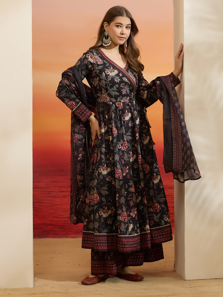 Divena Floral Printed Cotton Black  Anakali Kurta Set