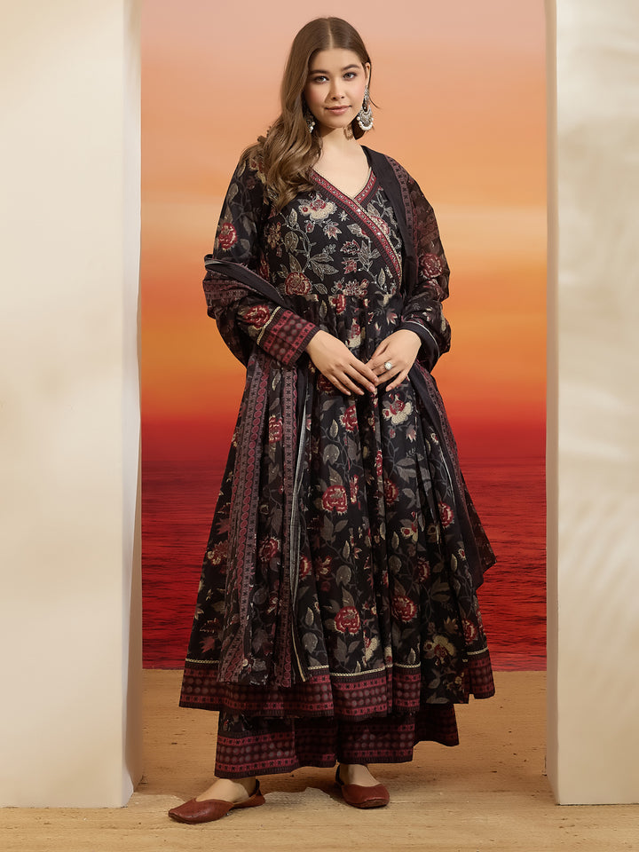 Divena Floral Printed Cotton Black  Anakali Kurta Set