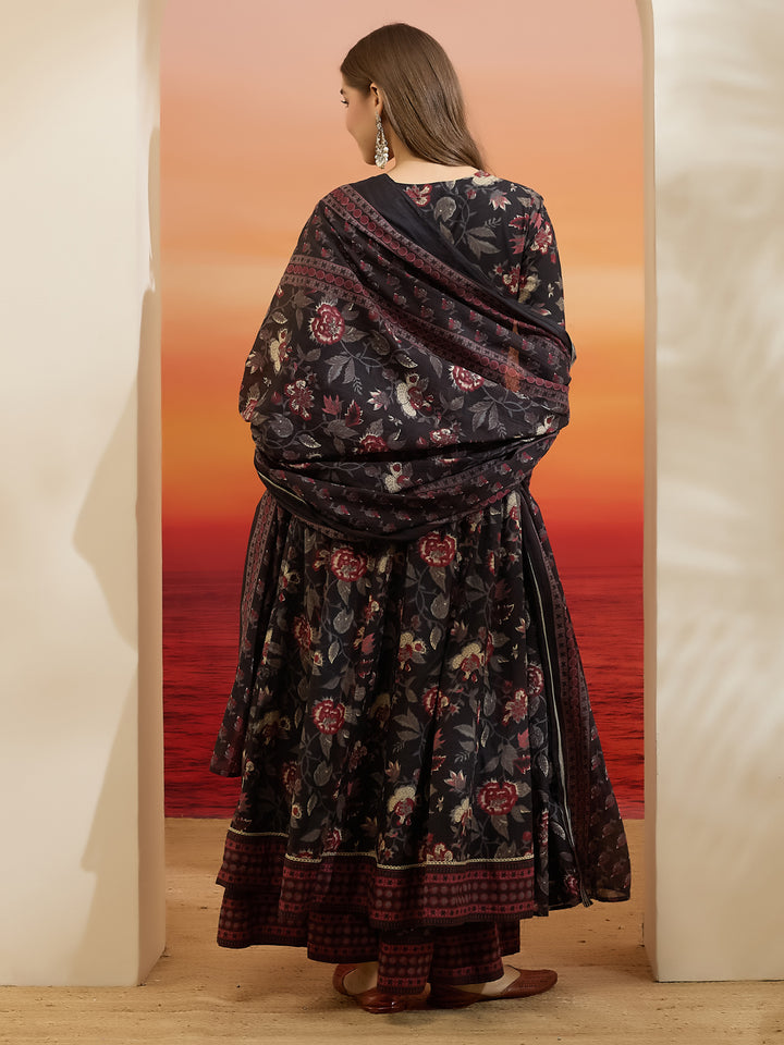 Divena Floral Printed Cotton Black  Anakali Kurta Set