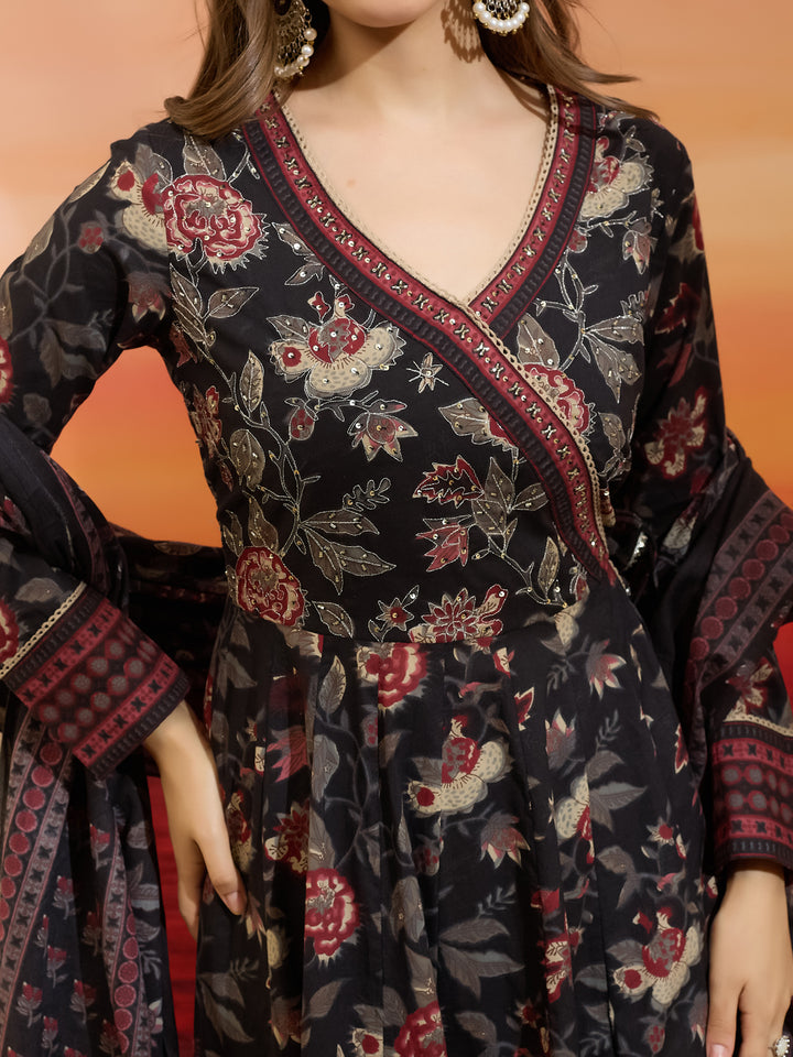 Divena Floral Printed Cotton Black  Anakali Kurta Set