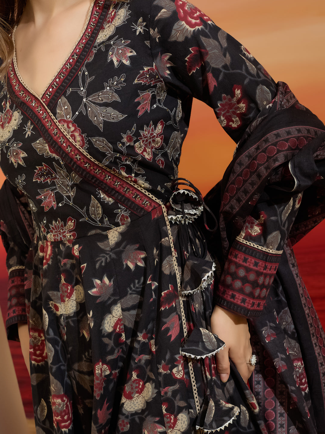 Divena Floral Printed Cotton Black  Anakali Kurta Set