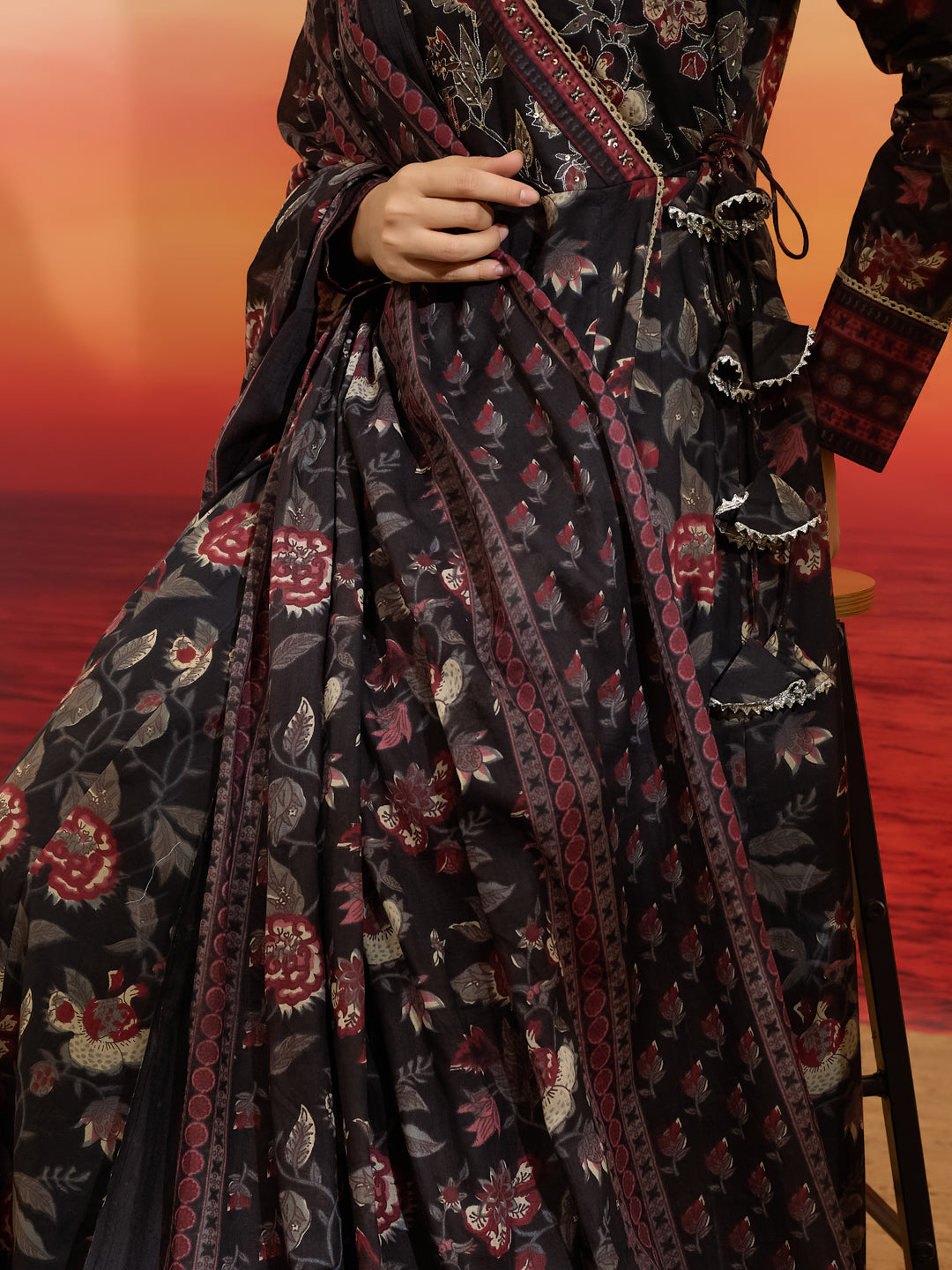 Divena Floral Printed Cotton Black  Anakali Kurta Set