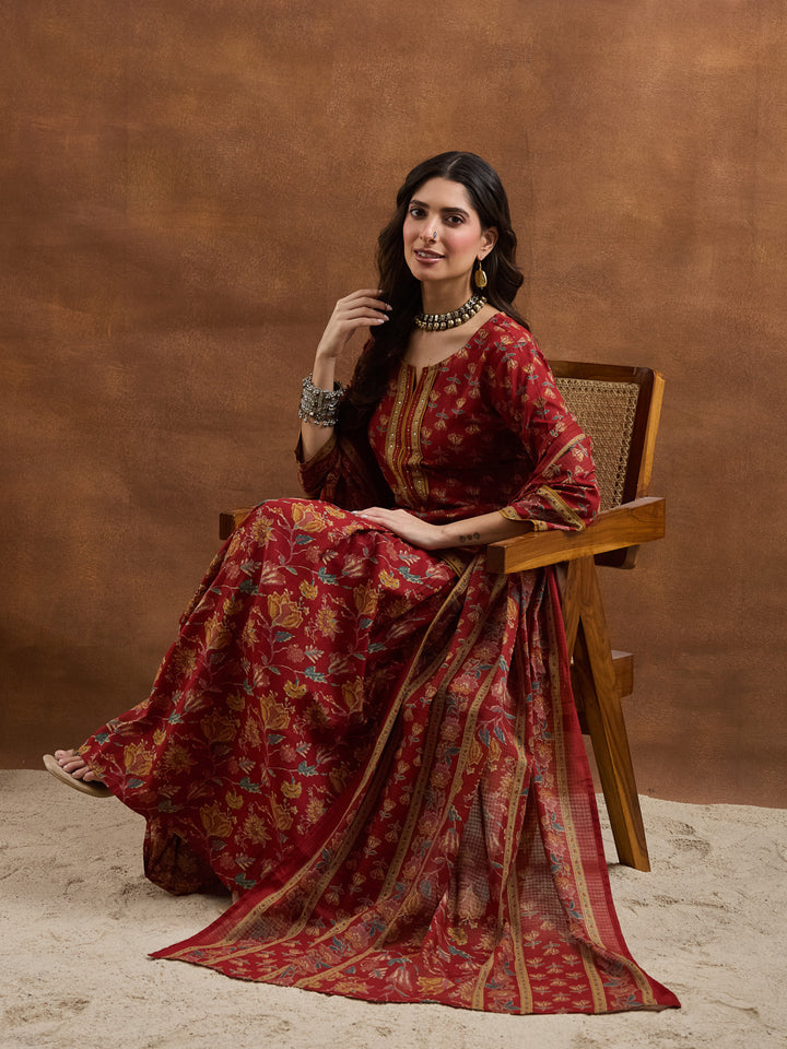 Divena Floral Printed Cotton Red Kurti Skirt Duppata Sets