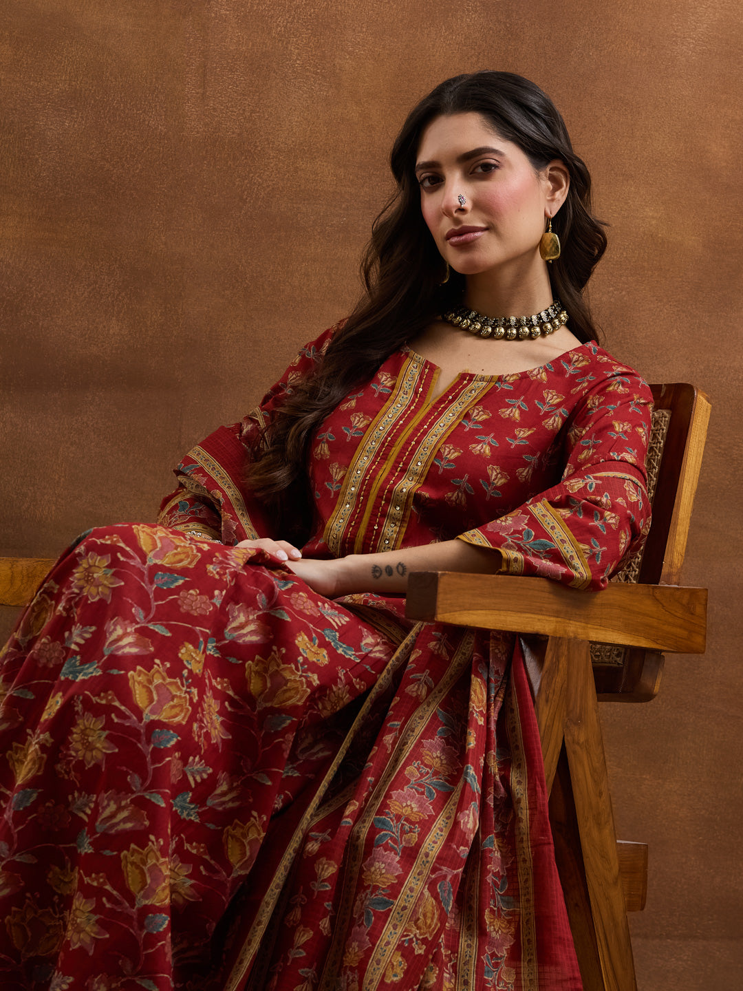 Divena Floral Printed Cotton Red Kurti Skirt Duppata Sets
