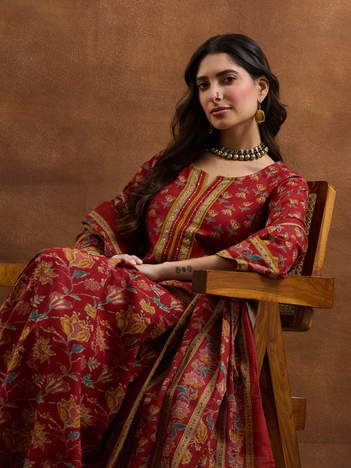 Divena Floral Printed Cotton Red Kurti Skirt Duppata Sets