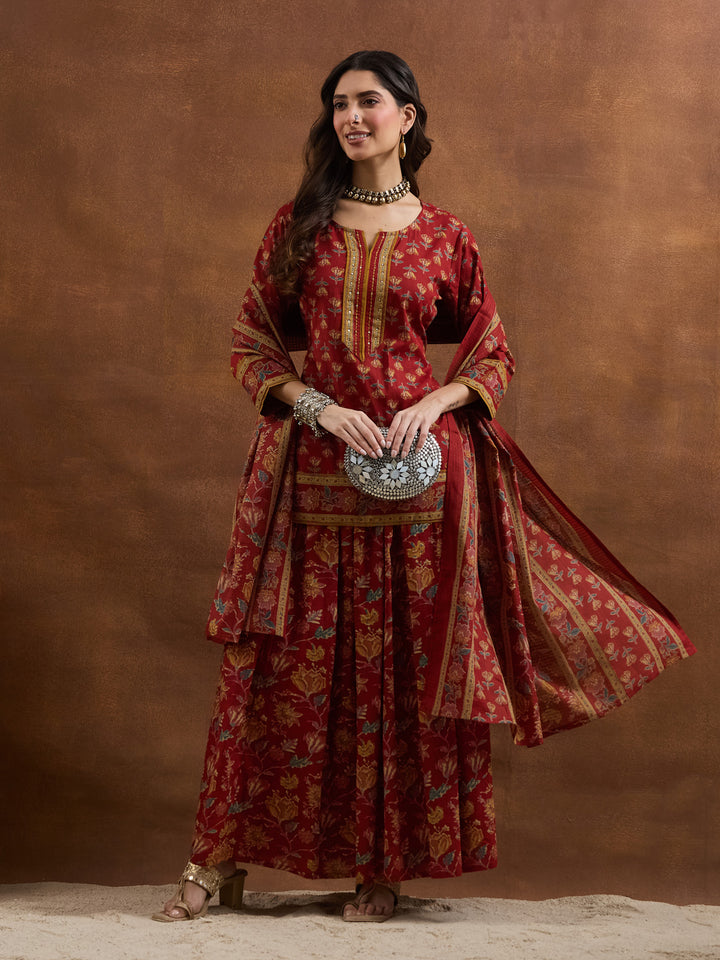 Divena Floral Printed Cotton Red Kurti Skirt Duppata Sets