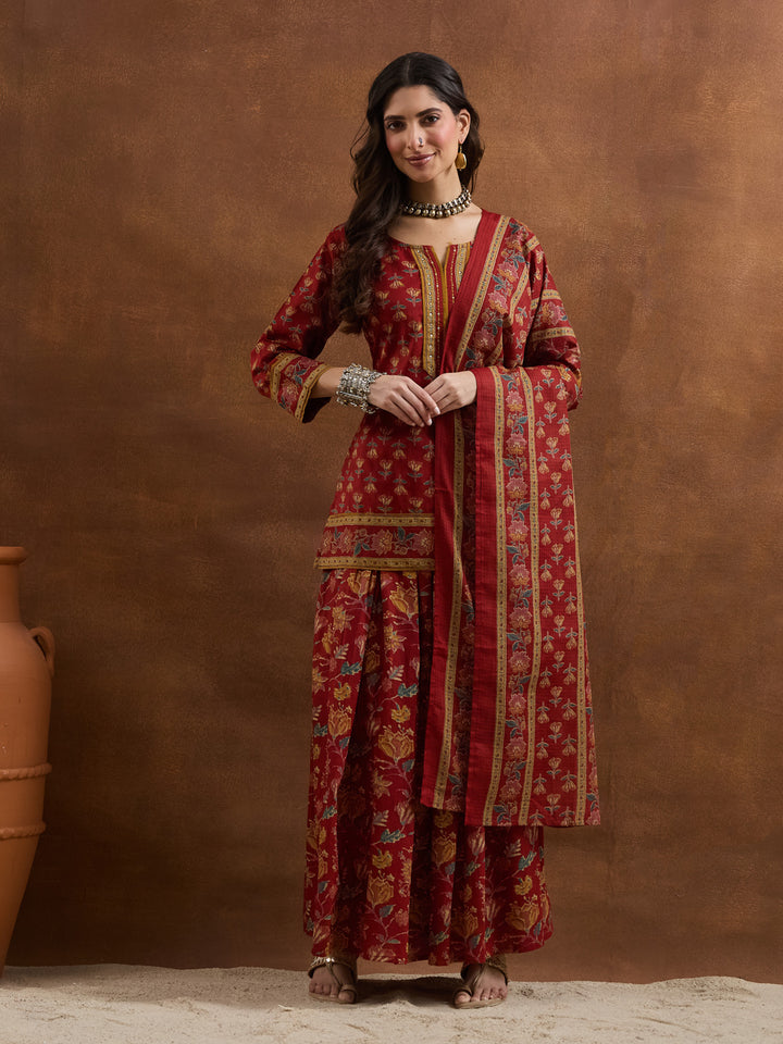 Divena Floral Printed Cotton Red Kurti Skirt Duppata Sets