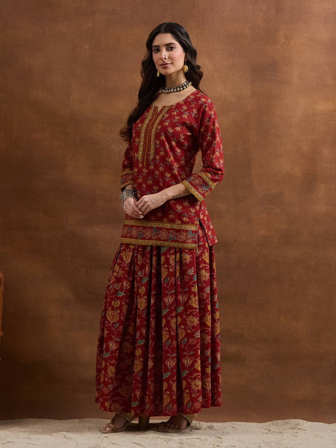 Divena Floral Printed Cotton Red Kurti Skirt Duppata Sets