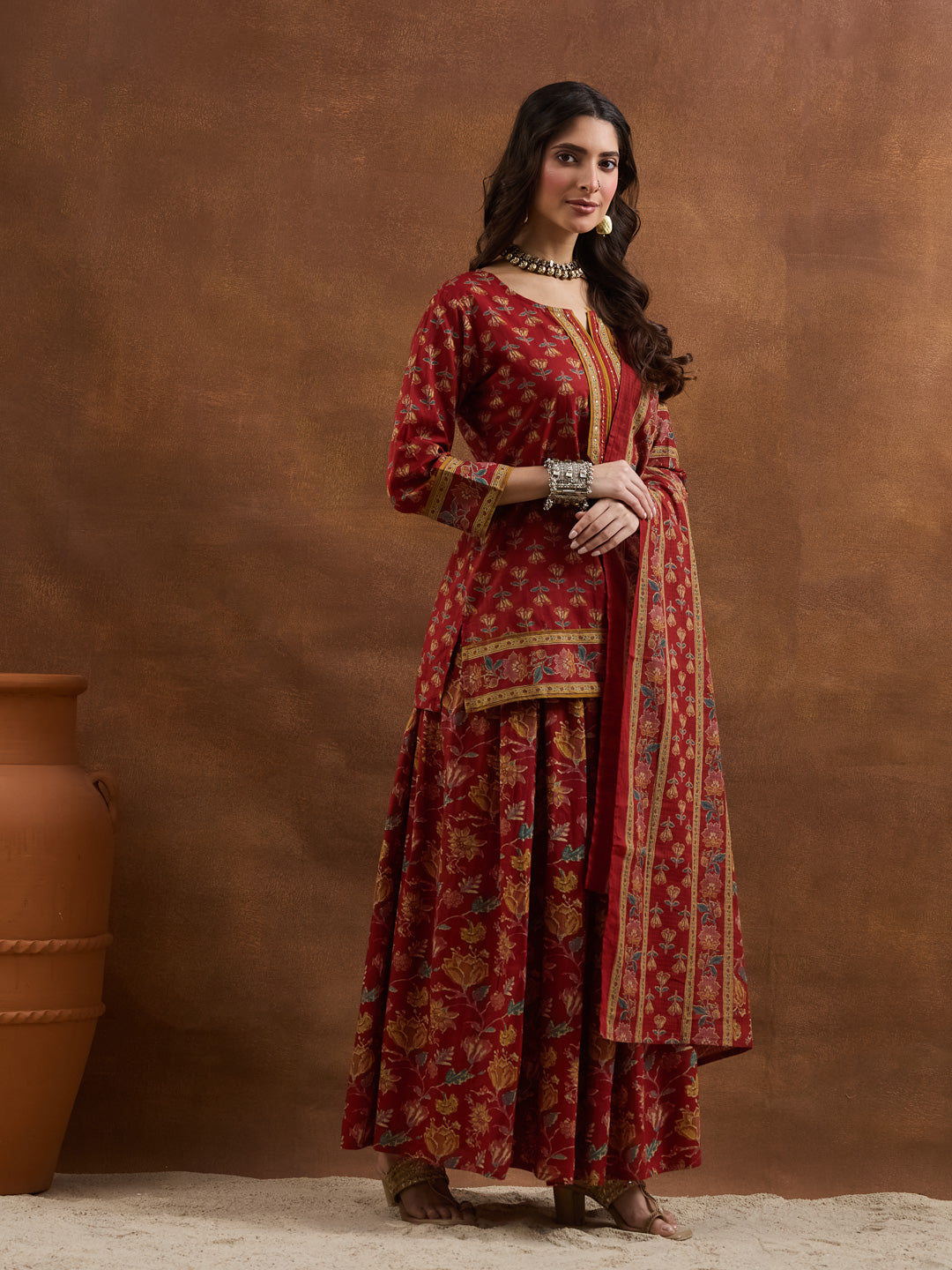 Divena Floral Printed Cotton Red Kurti Skirt Duppata Sets