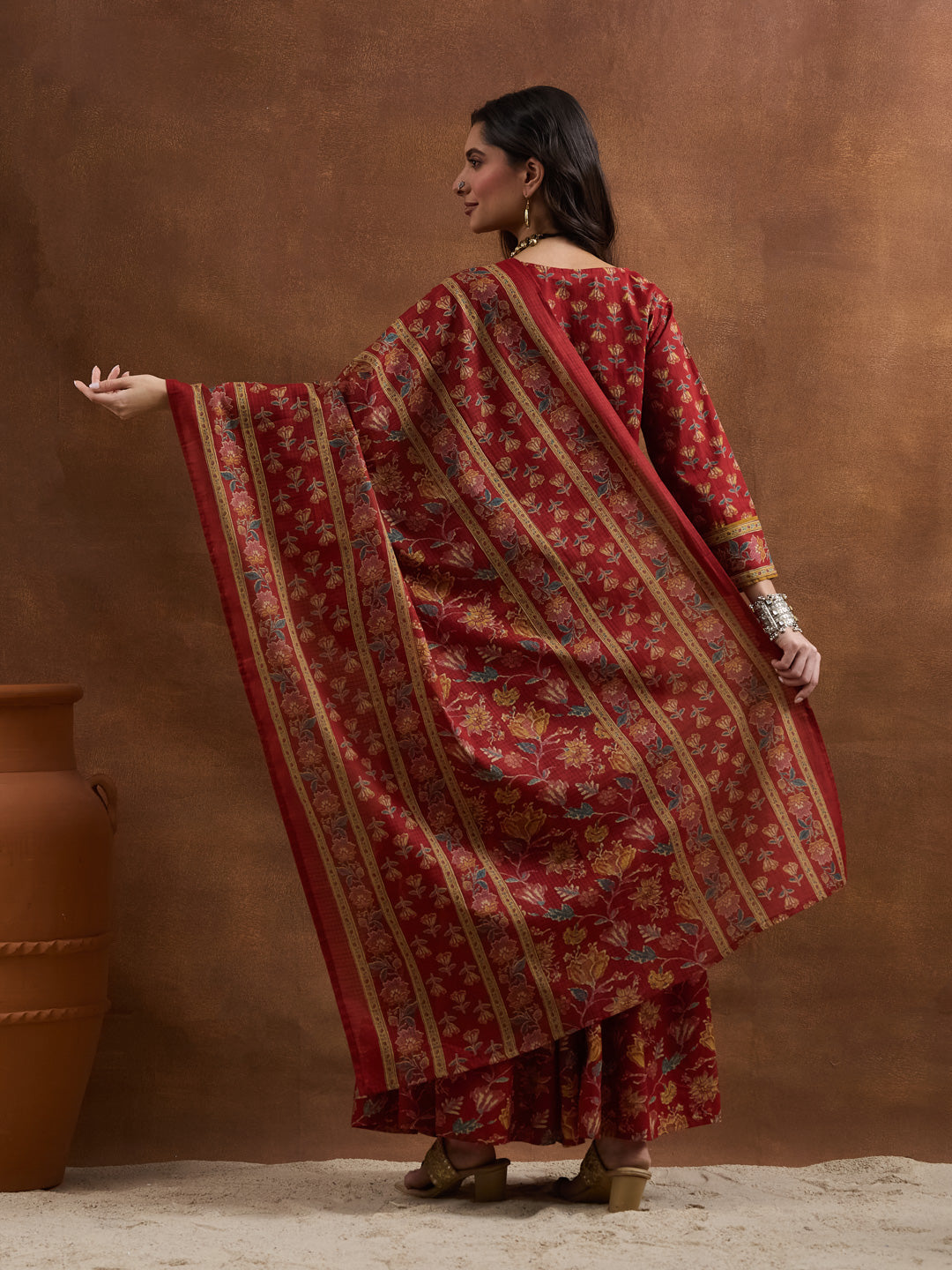 Divena Floral Printed Cotton Red Kurti Skirt Duppata Sets