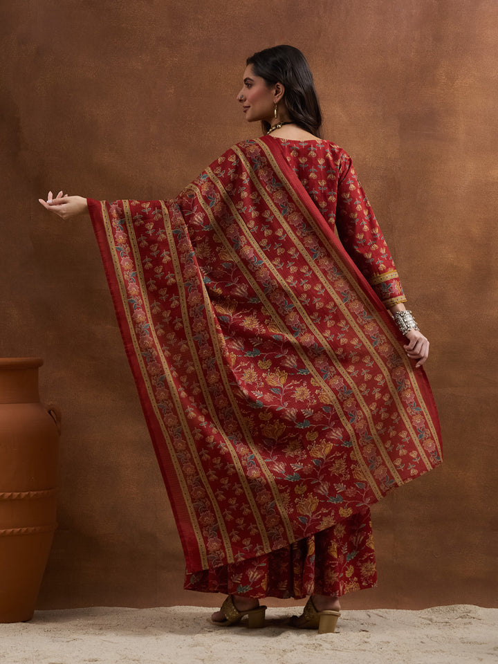 Divena Floral Printed Cotton Red Kurti Skirt Duppata Sets