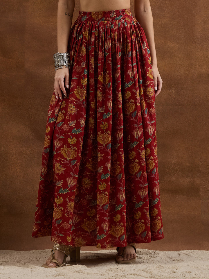 Divena Floral Printed Cotton Red Kurti Skirt Duppata Sets