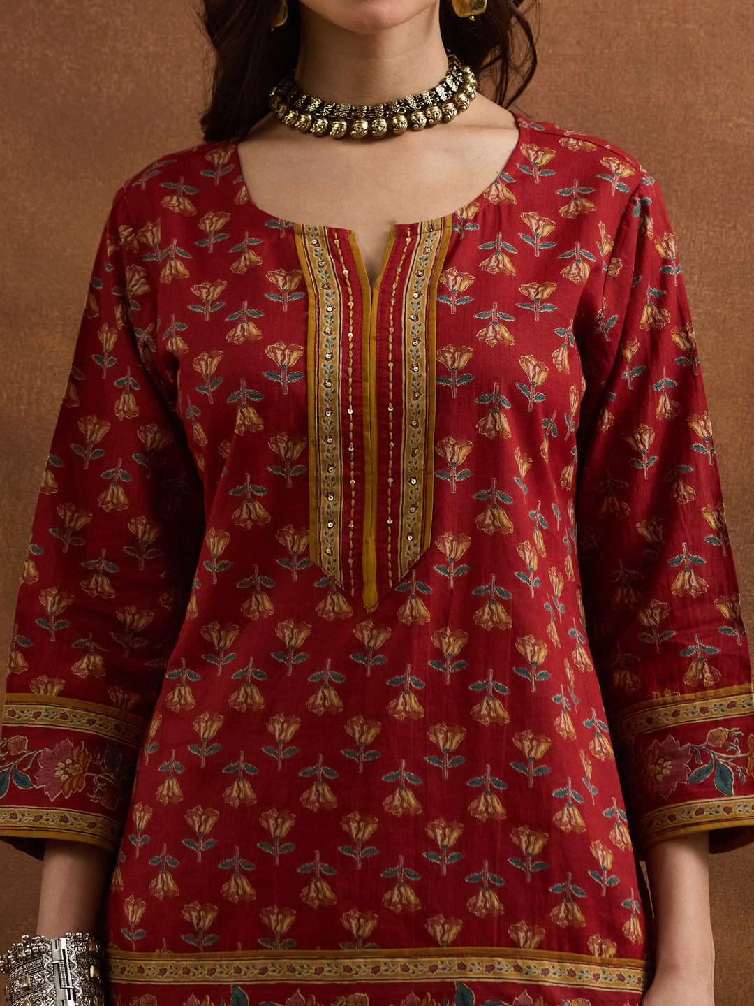 Divena Floral Printed Cotton Red Kurti Skirt Duppata Sets