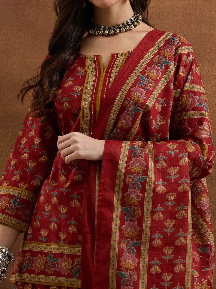 Divena Floral Printed Cotton Red Kurti Skirt Duppata Sets