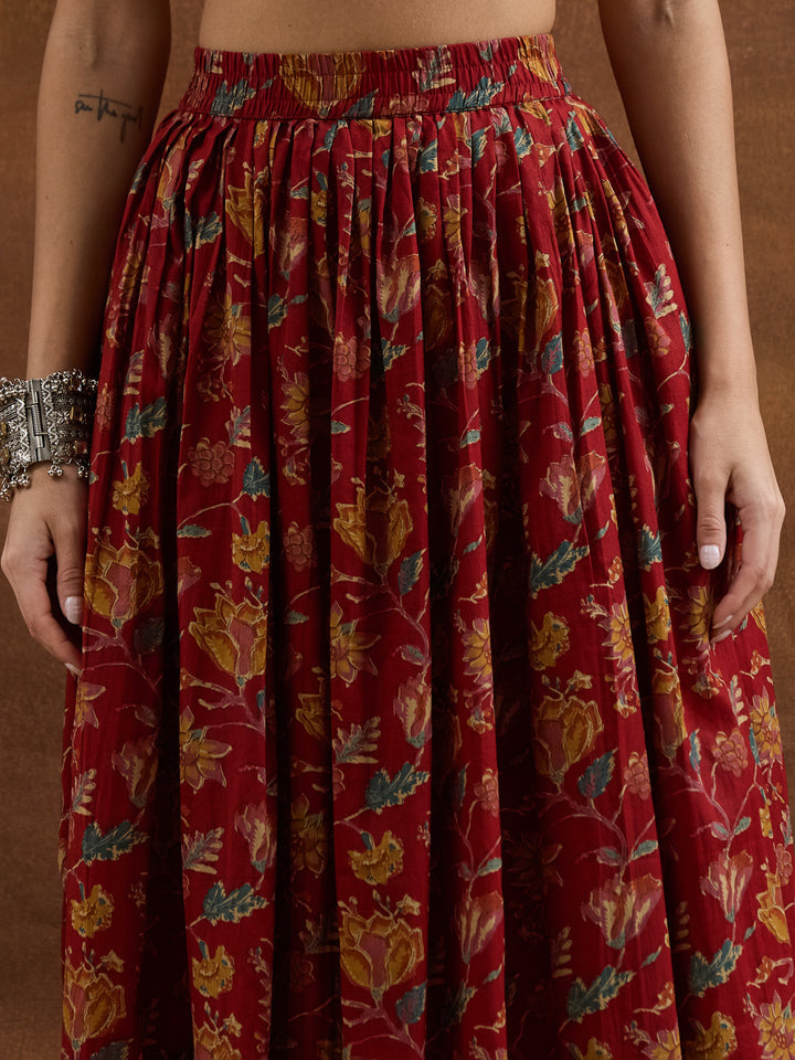 Divena Floral Printed Cotton Red Kurti Skirt Duppata Sets