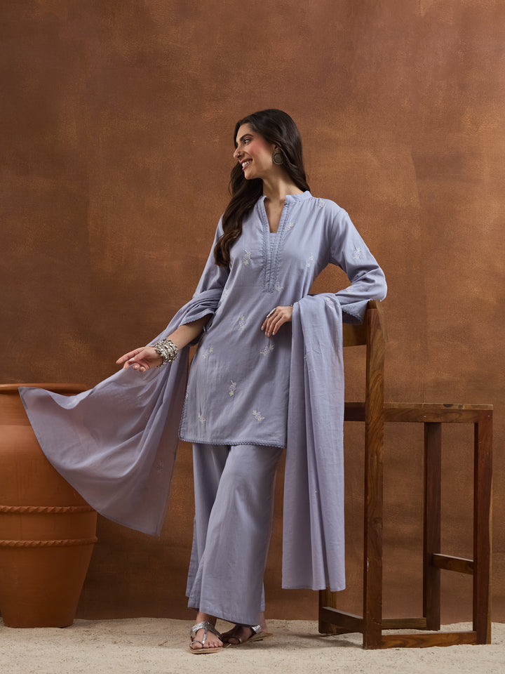 Divena Embroidered Cotton Grey Straight Fit  Kurta Sets