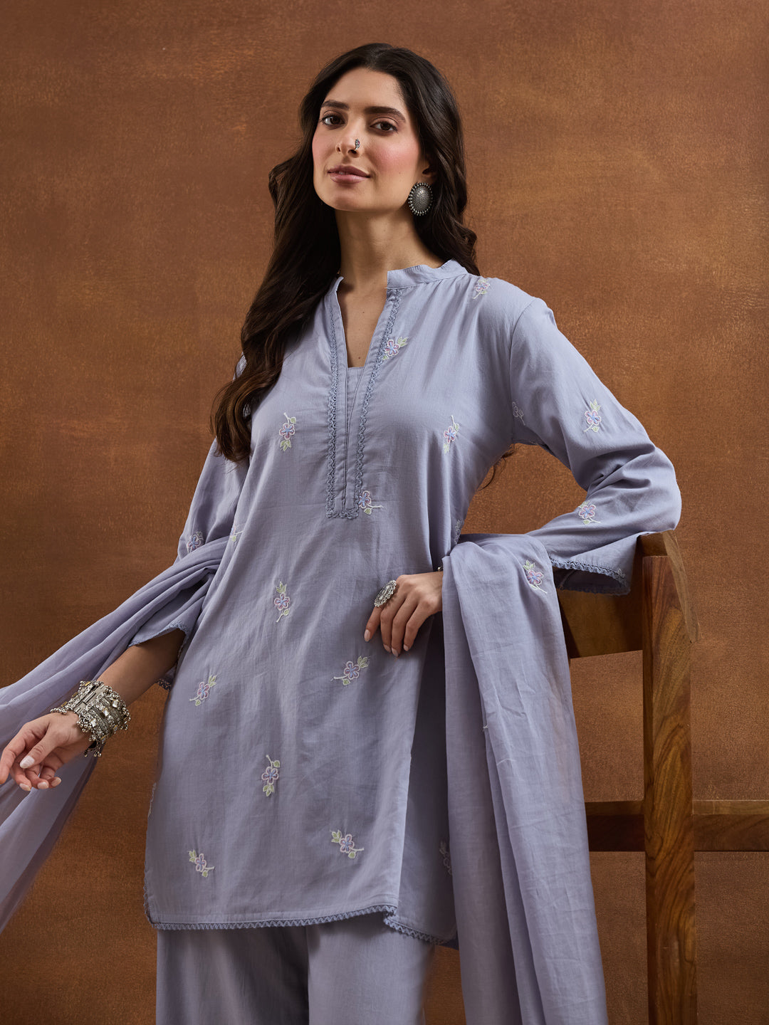 Divena Embroidered Cotton Grey Straight Fit  Kurta Sets