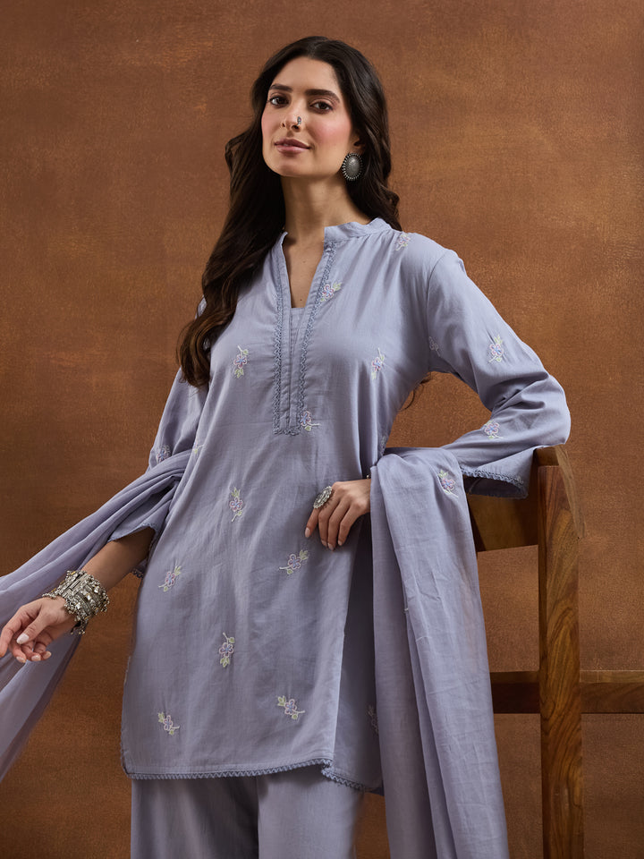 Divena Embroidered Cotton Grey Straight Fit  Kurta Sets