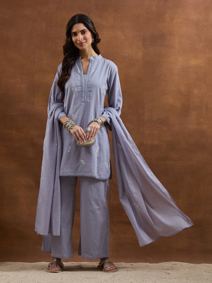 Divena Embroidered Cotton Grey Straight Fit  Kurta Sets