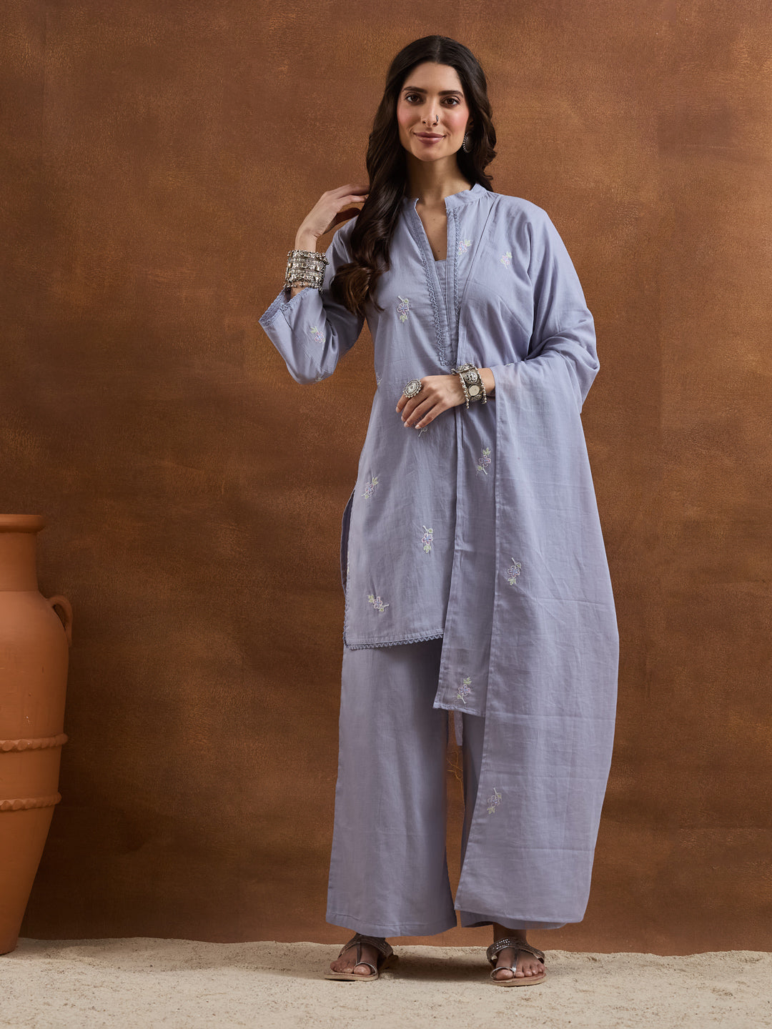 Divena Embroidered Cotton Grey Straight Fit  Kurta Sets
