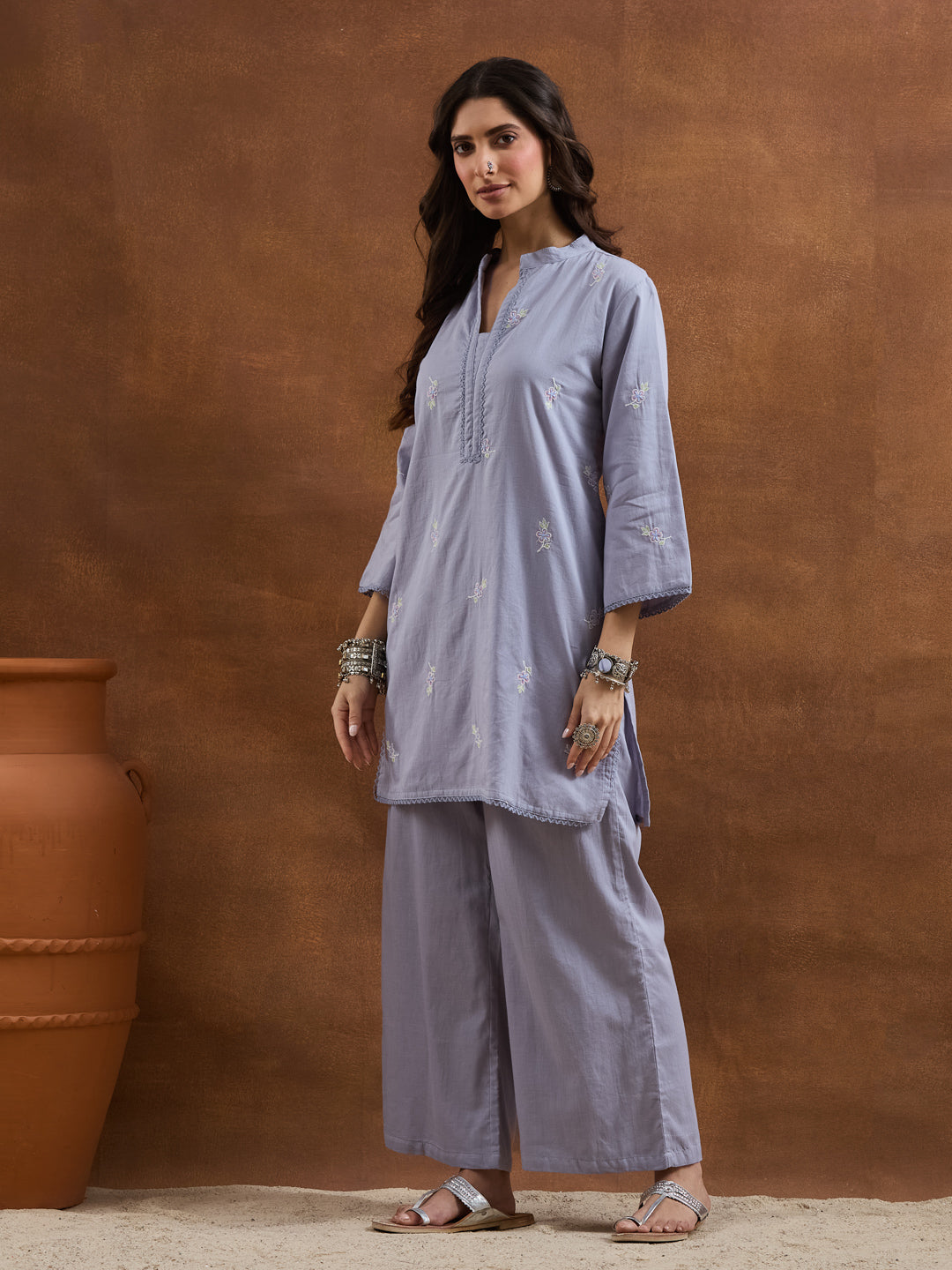 Divena Embroidered Cotton Grey Straight Fit  Kurta Sets