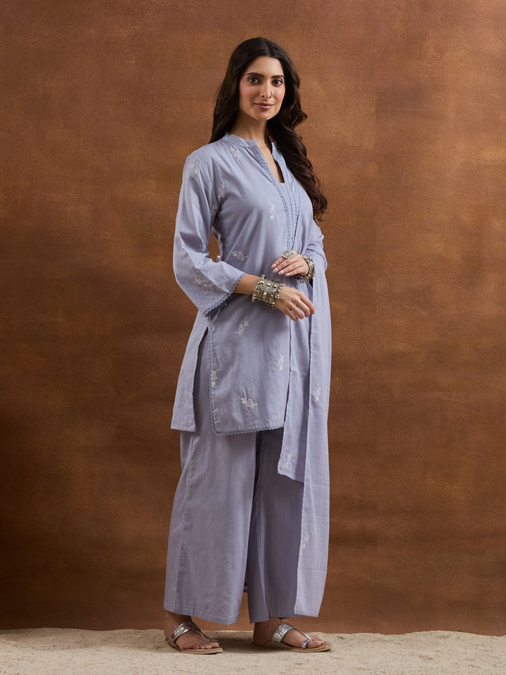 Divena Embroidered Cotton Grey Straight Fit  Kurta Sets