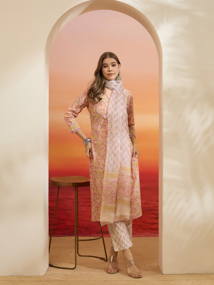 Divena Hand Block Printed Cotton Pink Straight Fit  Kurta Pant Dupatta Sets