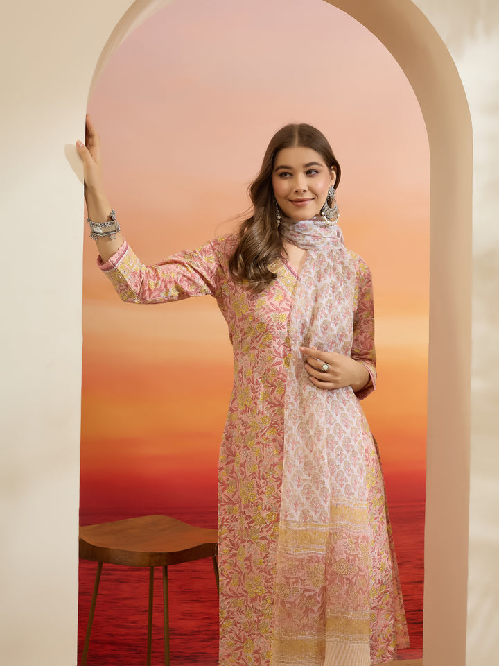 Divena Hand Block Printed Cotton Pink Straight Fit  Kurta Pant Dupatta Sets
