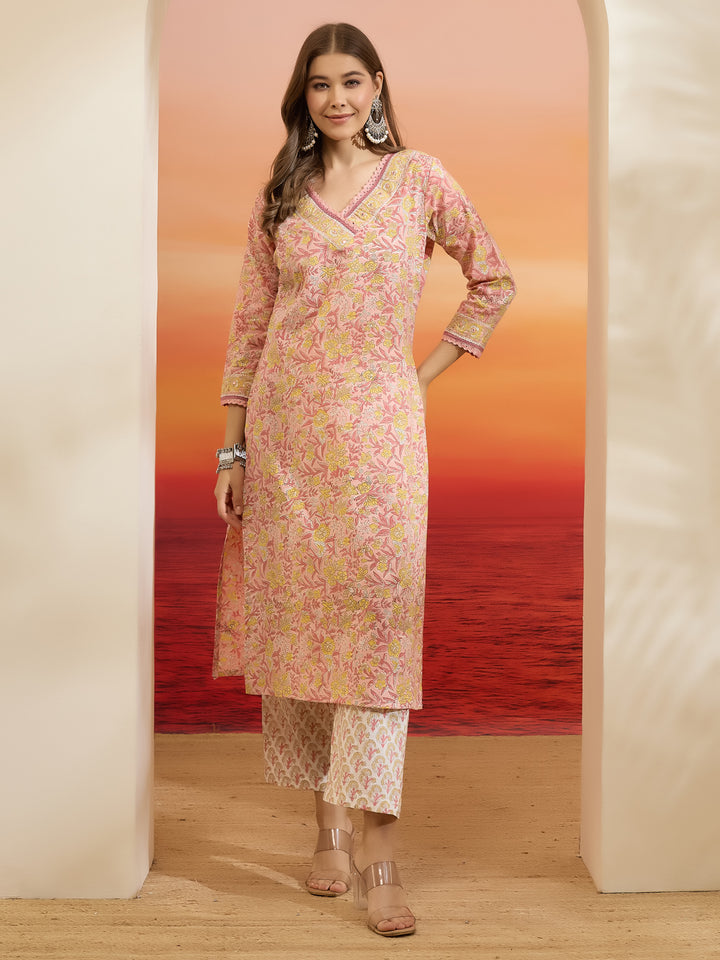 Divena Hand Block Printed Cotton Pink Straight Fit  Kurta Pant Dupatta Sets