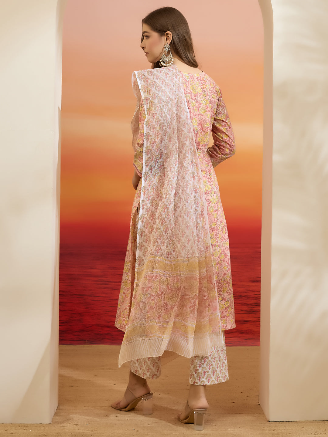 Divena Hand Block Printed Cotton Pink Straight Fit  Kurta Pant Dupatta Sets