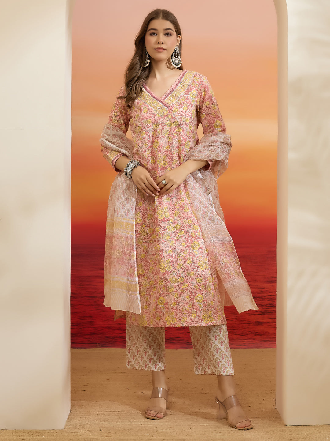 Divena Hand Block Printed Cotton Pink Straight Fit  Kurta Pant Dupatta Sets