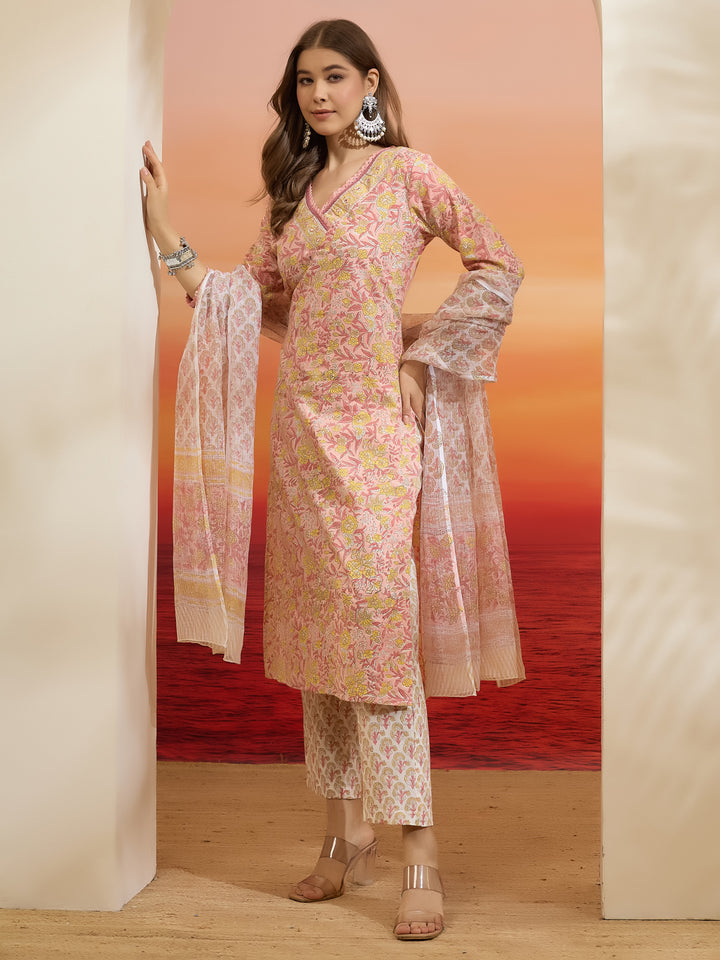 Divena Hand Block Printed Cotton Pink Straight Fit  Kurta Pant Dupatta Sets