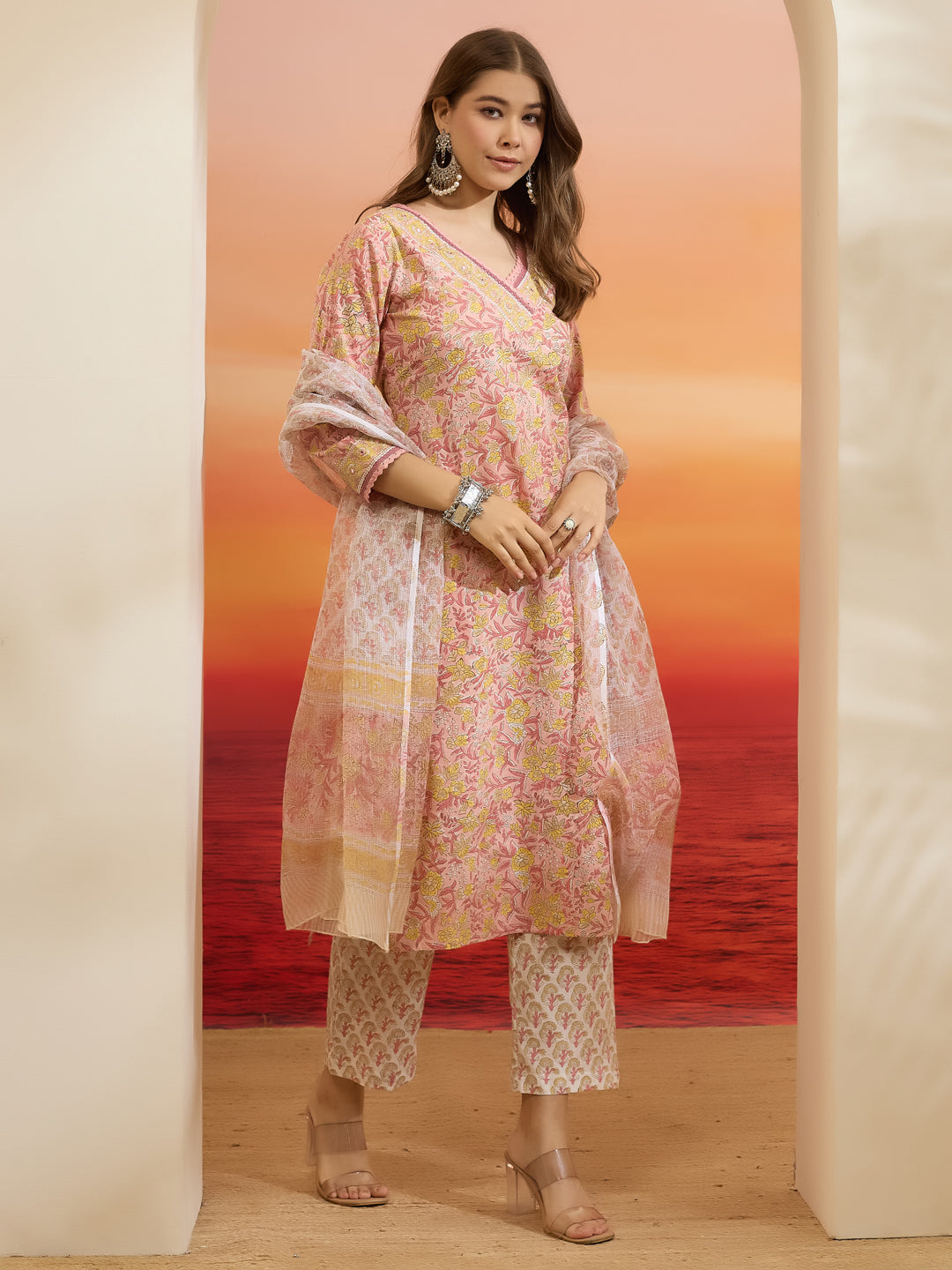 Divena Hand Block Printed Cotton Pink Straight Fit  Kurta Pant Dupatta Sets