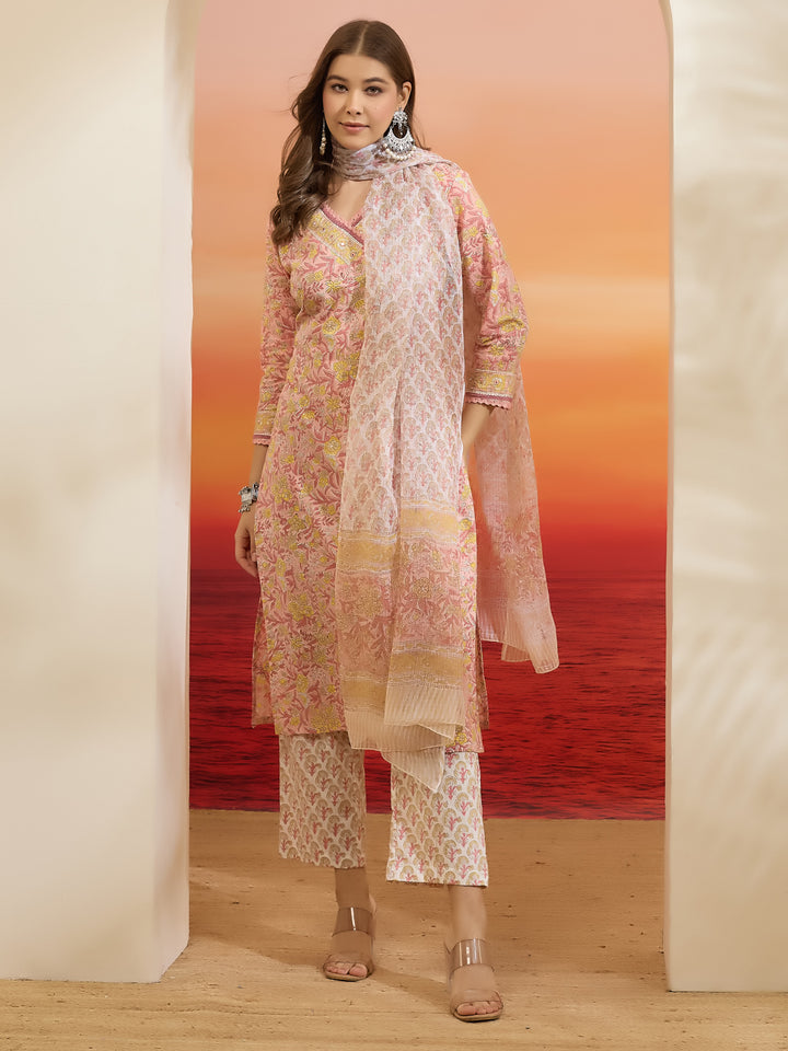 Divena Hand Block Printed Cotton Pink Straight Fit  Kurta Pant Dupatta Sets